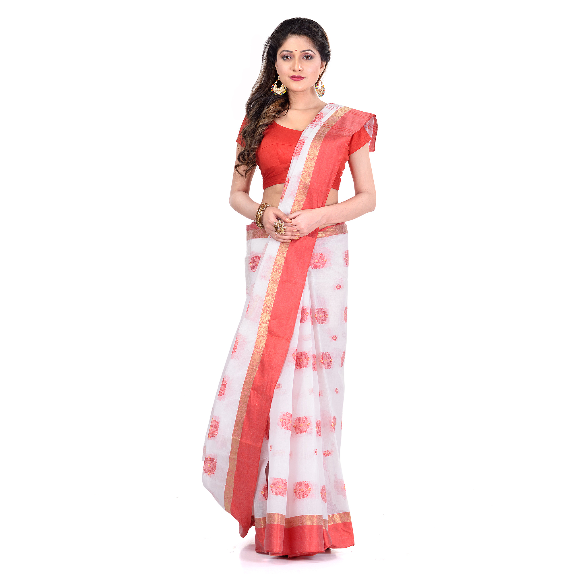  DESH BIDESH Women`s Traditional Bengal Tant Pure Handloom Cotton Saree Woven Fuleswari Design Without Blouse Piece (Red White)